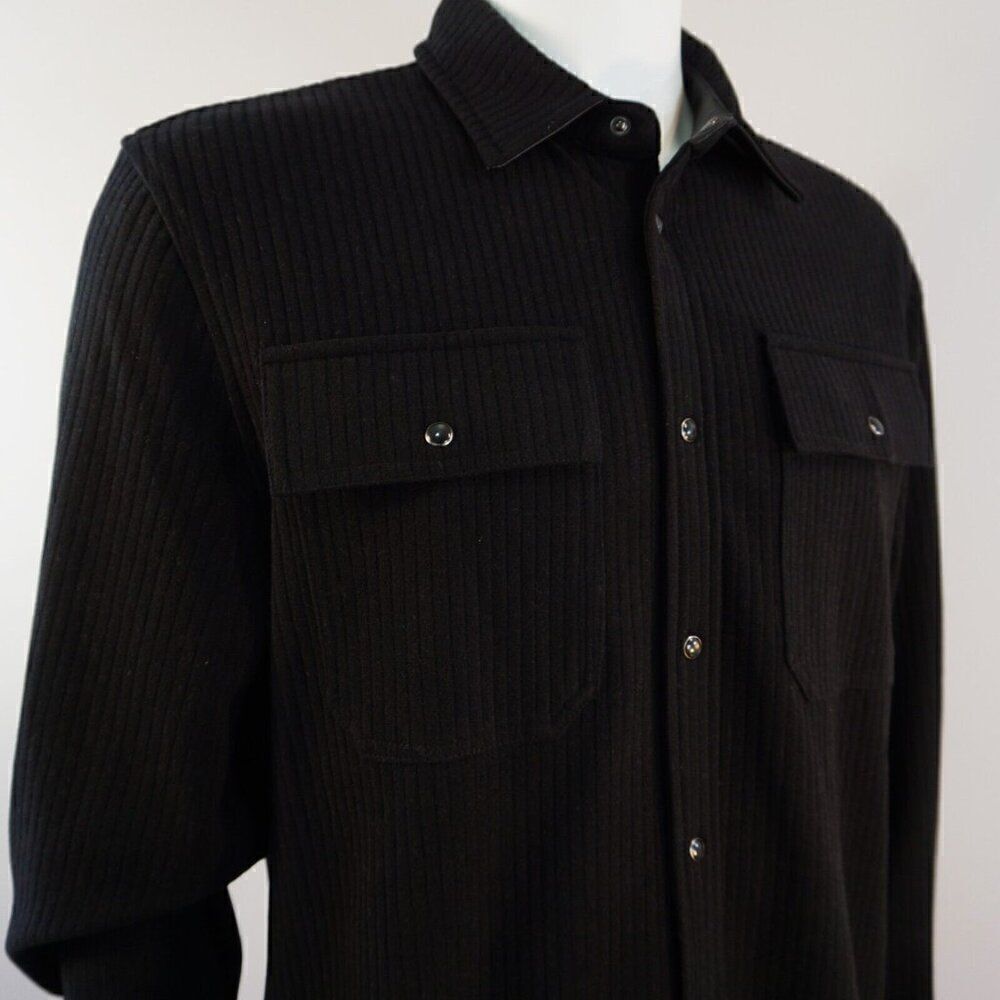 Karl Lagerfeld Men Sz L Shirt Jacket Black Ribbed Knit Snap Buttons Leather Trim